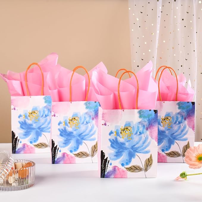 24 Pack Mini Watercolor Floral Paper Gift Bags Small Pink Party Favor Bags with Handles and Tissue Paper for Wedddings, Bridal Baby Showers, Birthdays, Valentines, Mother's Day, 6.5x5.5x3 Inch