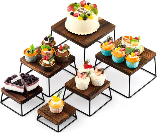 Weysat Set of 6 Dessert Tabletop Display Wood Dessert Display Stands for Cup Cake or Food, Buffet Table Tiered Stand Jewelry Figures Show Rustic Brown