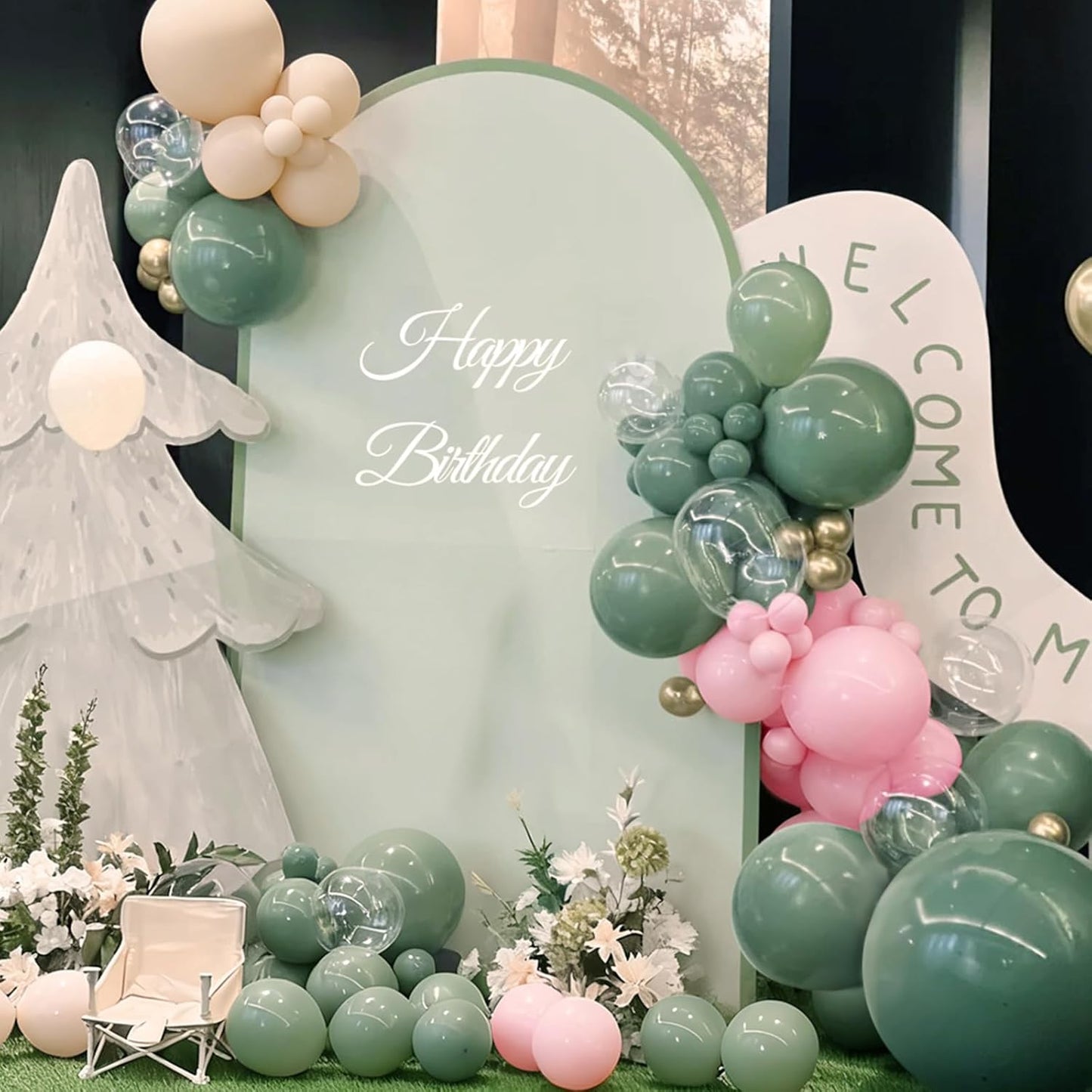 Sage Green Pink Balloon Arch Kit, 166Pcs Olive Green Blush Pink Metallic Gold White Sand Balloons Garland for Baby Shower Wedding Birthday Jungle Safari Woodland Party Decorations