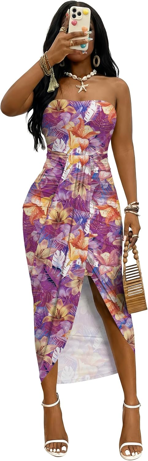Umenlele Women's Strapless Ruched High Waist Wrap Split Asymmetrical Beach Maxi Long Dress