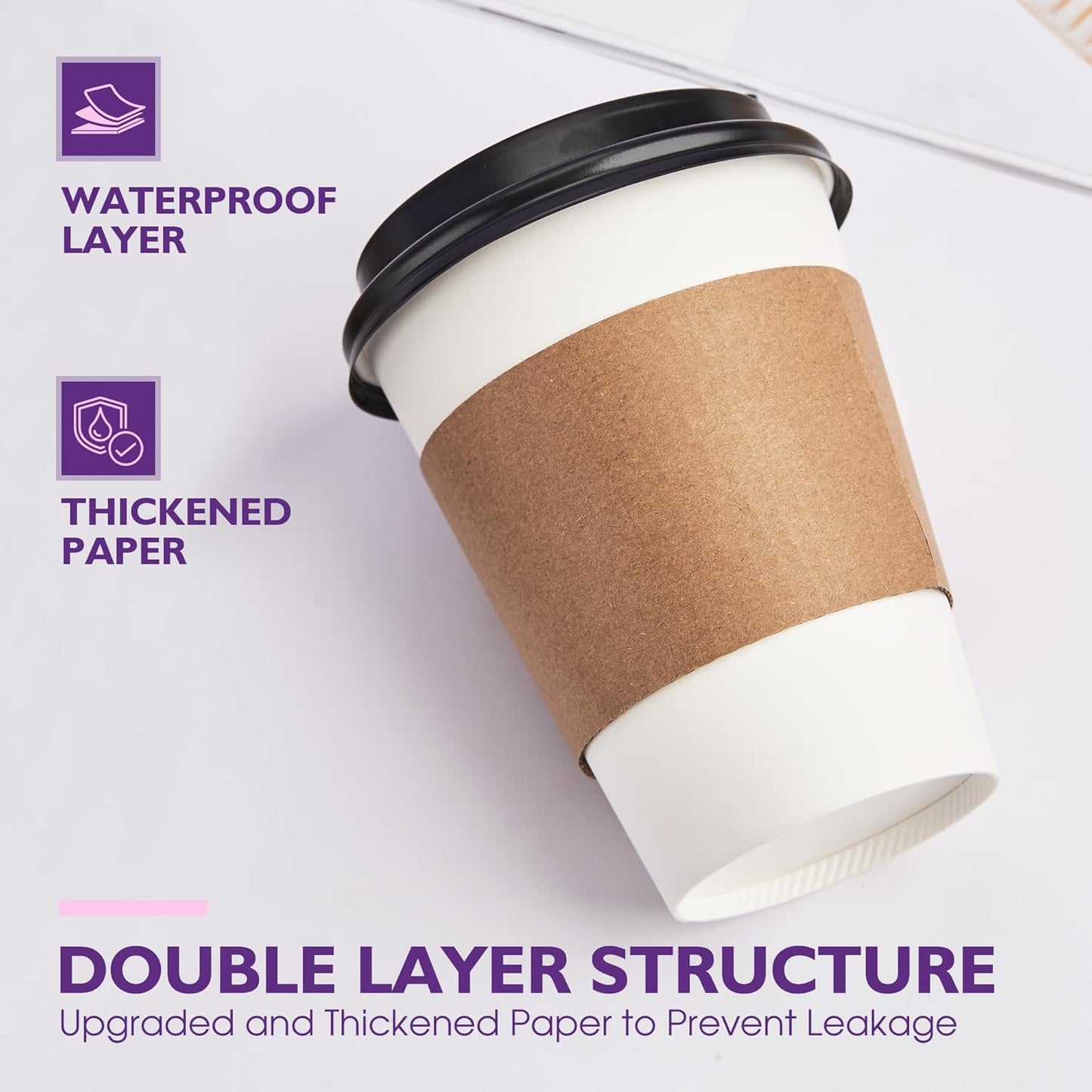 12 oz 50 Pack Disposable Coffee Cups with Lids and Sleeves, Coffee Paper Cups with Lids, To Go Beverage Drinking Cup for Coffee, Tea