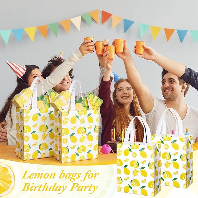 Supervitae 24 Pack Yellow Lemon Gift Bags Medium Goodie Summer Fruit Party Favor Bags Reusable Non Woven Totes for Lemon Birthday Wedding Baby Shower Party Family Holiday Travel(9.8" x 7.9" x 3.9")