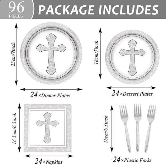 96Pcs Baptism Cross Plates and Napkins First Holy Communion Birthday Party Decorations Gray Religious Christening Ceremony Dessert Plates Tableware Set for 24 Guests Cross Baptism Party Supplies