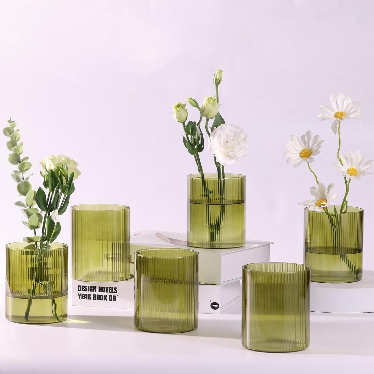 Glass Ribbed Cylinder Vase Set of 6, Bud Vase for Wedding Centerpieces, Green Flower Vases Bulk, Hurricane Floating Candle Holder, Decorative Flower Vase for Table Housewarming Gifts (Green)