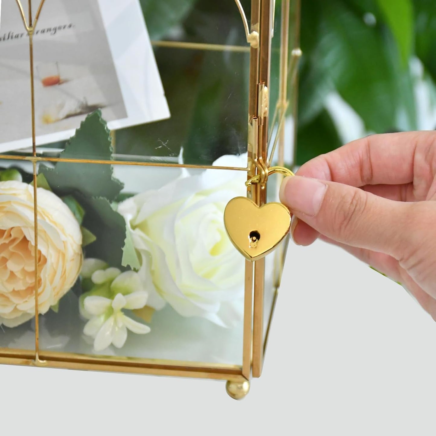 Glass Wedding Card Box with Slot, 10.2 x 5.9 x 7.9 Inches Handmade Vintage Gold Wedding Card Boxes for Reception, Keepsake, Baby Shower, Graduation, Party Decorative Box