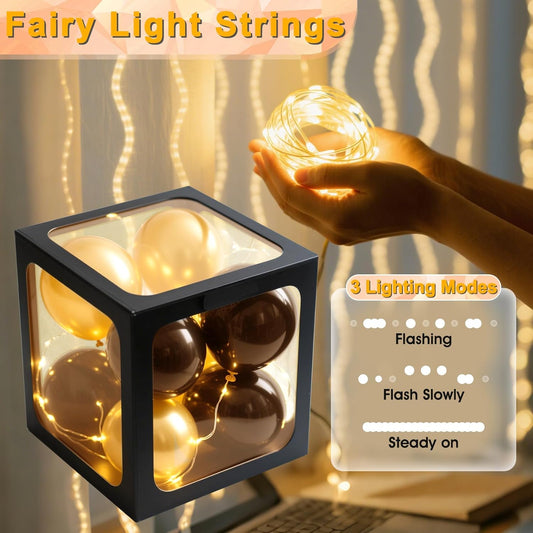 Ledido Transparent Balloon Boxes, Clear Balloon Boxes with 5 Pcs String Lights and 78 Letters for Baby Shower Gender Reveal Grad Birthday Party Anniversary Bridal Wedding Decor - 5 Black Boxes