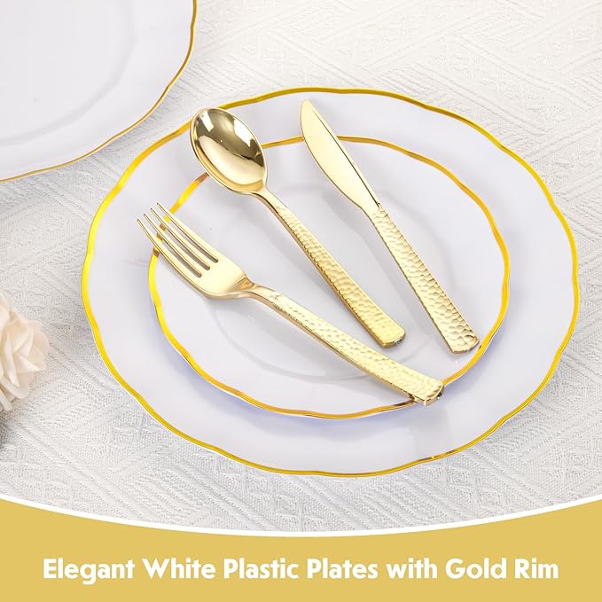 supernal 60 pcs White and Gold Plastic Plates for Party Fancy Elegant Scalloped Plates Heavy Duty Bridal Shower Plate Wedding Disposable Dinnerware Included 30 Gold Dessert Plate and 30 Dinner Plate