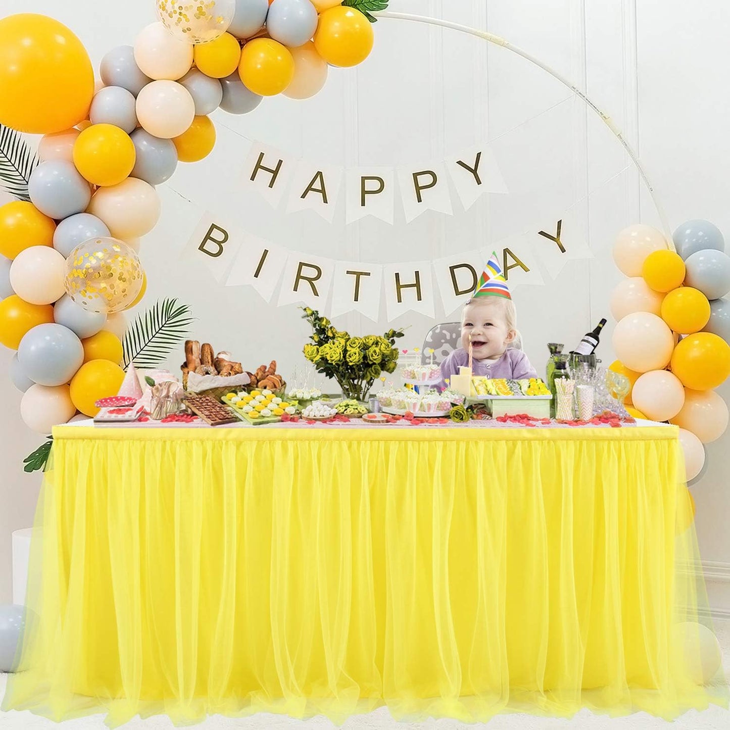 Suppromo 14ft Yellow Tulle Tutu Table Skirt for Birthday Party Girls Boys Baby Shower Wedding Cake Dessert Table Decorations
