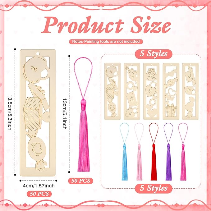 Yexiya 100 Pcs/50 Set Valentine's Day Wooden Bookmarks DIY Craft Kit, Love Heart Bookmark Art Set for Classroom, Book Lovers, Birthday Holiday Gifts