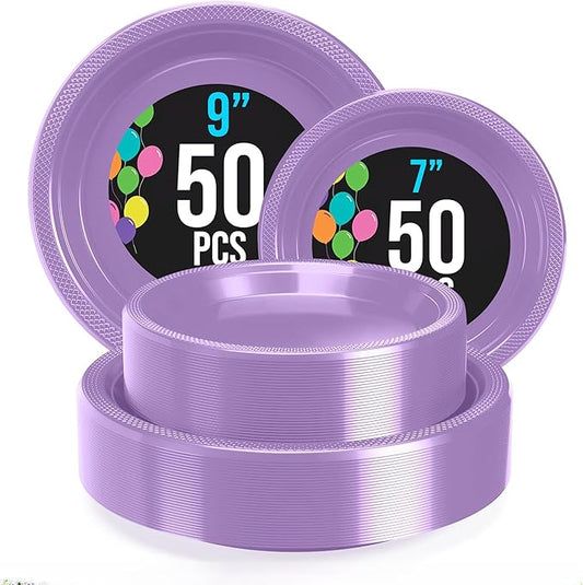 Party Solids Lavender Plastic Plates For Party Supplies, Lavender Disposable Plates 100 Pieces - 50-7" & 50-9" Heavy Duty 350 GSM Disposable Dinnerware Sets, Plastic Dinnerware Sets