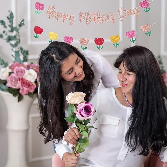 Happy Mother's Day Banner Set Decoration for Mother's Day Party Decorations Backdrop Garland for Mom Mother's Day Glitter Garland Photo Props (Rose Gold Tulip)