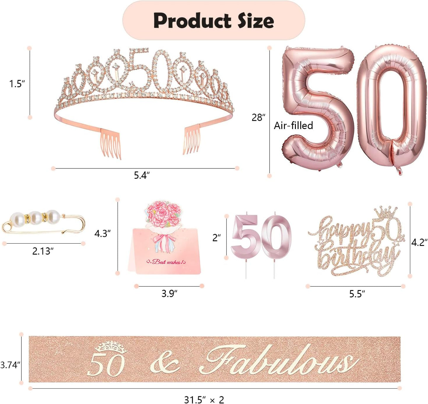 50th Birthday Gifts Decorations for Women, Including 50th Cake Toppers, Birthday Queen Sash with Pearl Pin, Sweet Rhinestone Tiara Crown, Number Candles and Balloons Set, Rose Gold