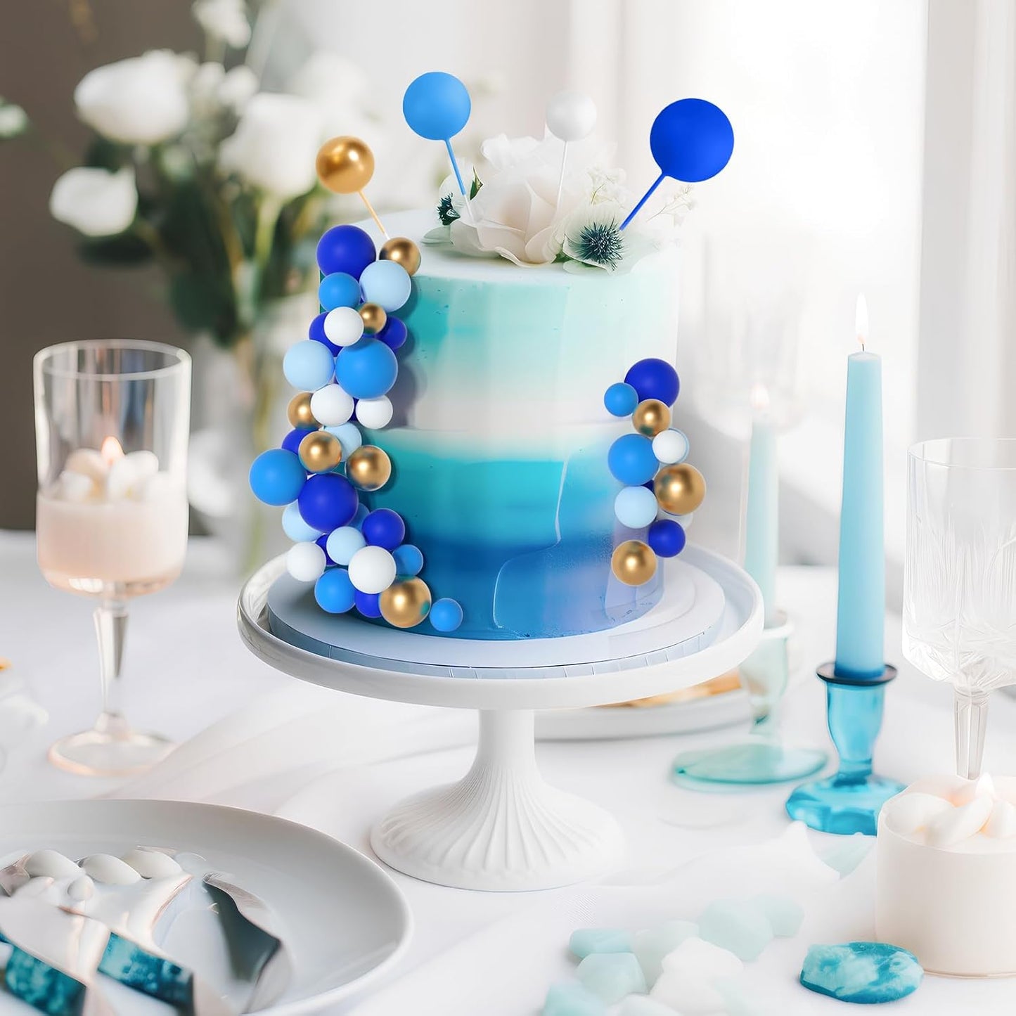 138 Pcs Balls Cake Topper Decorations Balloon Cupcake Toppers Foam Multisize Cake Topper Balls for Birthday Party Wedding Anniversary(Blue,White,Gold)
