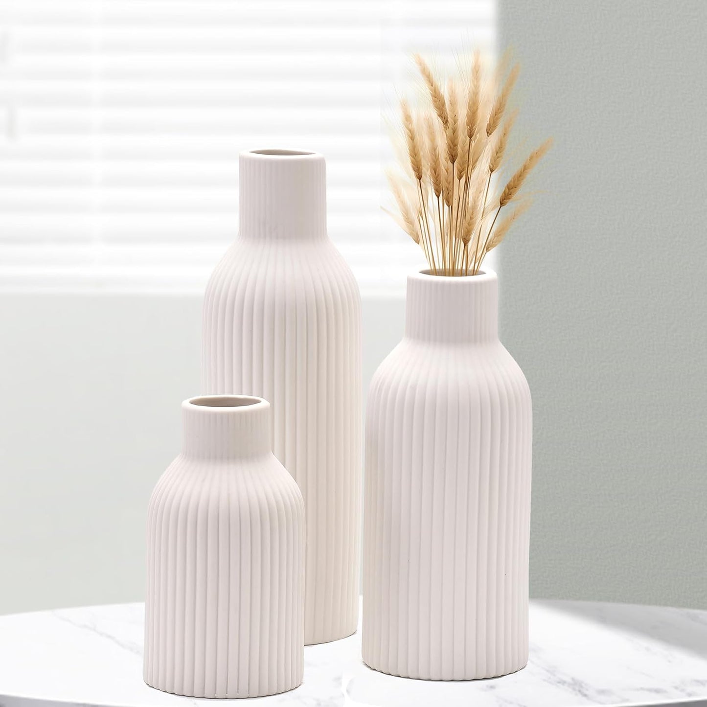 White Ceramic Vase Set of 3, Modern Minimalist Ribbed Small Flower Vase Table Centerpiece Decorative for Home Decor Farmhouse Christmas