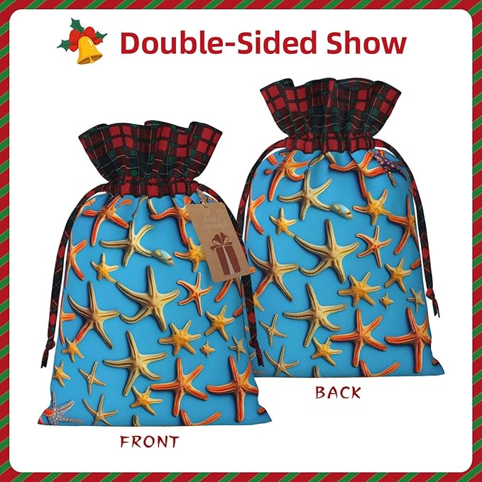 PULaif Blue Background With Many Starfish Christmas Drawstring Gift Bags, Large Size Christmas Bags For Gifts Party Favors, Xmas Gift Bags