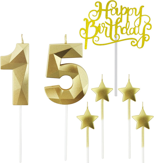 Golden Number 15 Birthday Candles and Star Birthday Candles 2.76 inch Birthday Cake Candles 3D Diamond Shaped Candles are Suitable for Birthday Parties and Anniversary Cake Decorations Candles