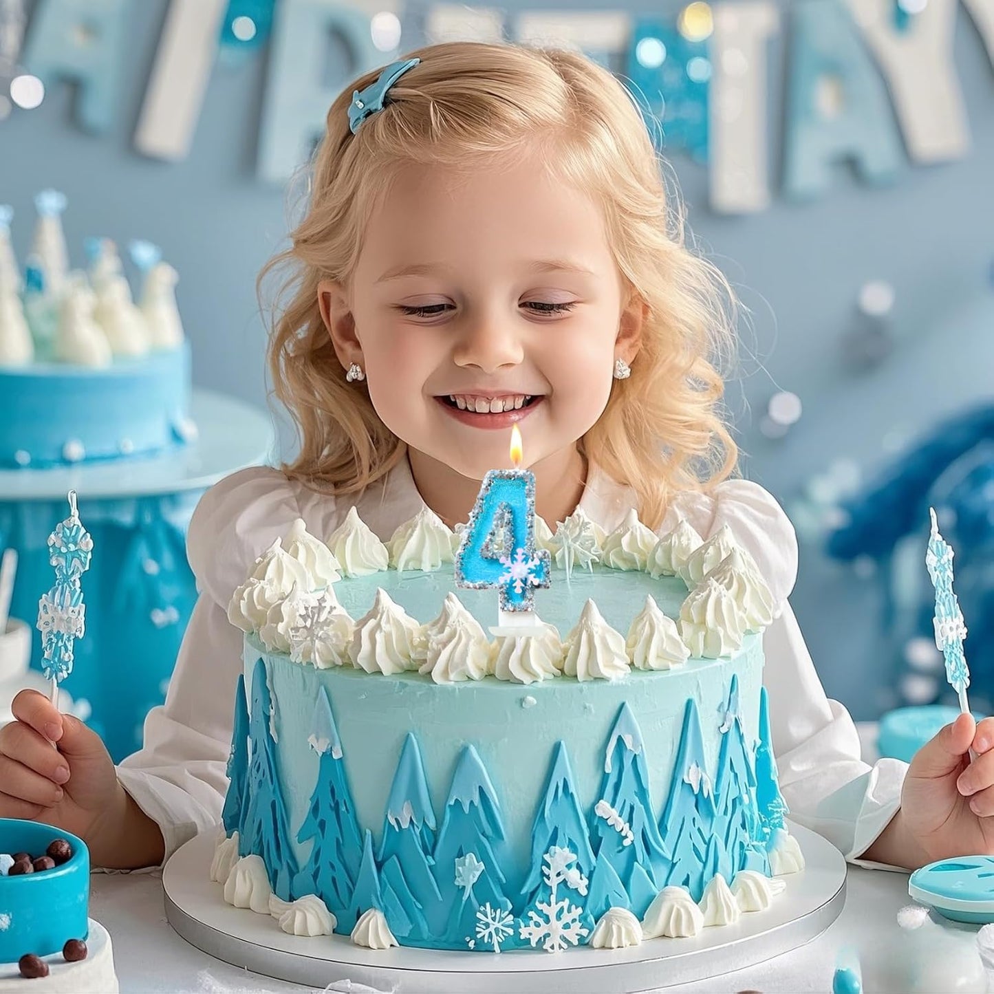 Frozen Birthday Number Candles for Cake, Blue Number 4 Candle, 4th Frozen Cake Topper, Fun Glitter Birthday Candles Cupcake Topper for Party Anniversary Decorations