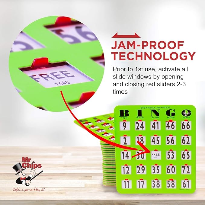 MR CHIPS Jam-Proof Easy-Read Large Print Fingertip Bingo Cards with Sliding Windows 100 Pack in Green Style
