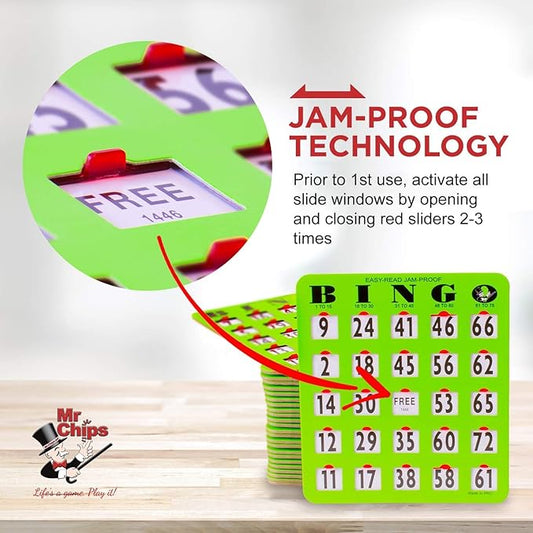 MR CHIPS Jam-Proof Easy-Read Large Print Fingertip Bingo Cards with Sliding Windows 10 Pack in Green Style