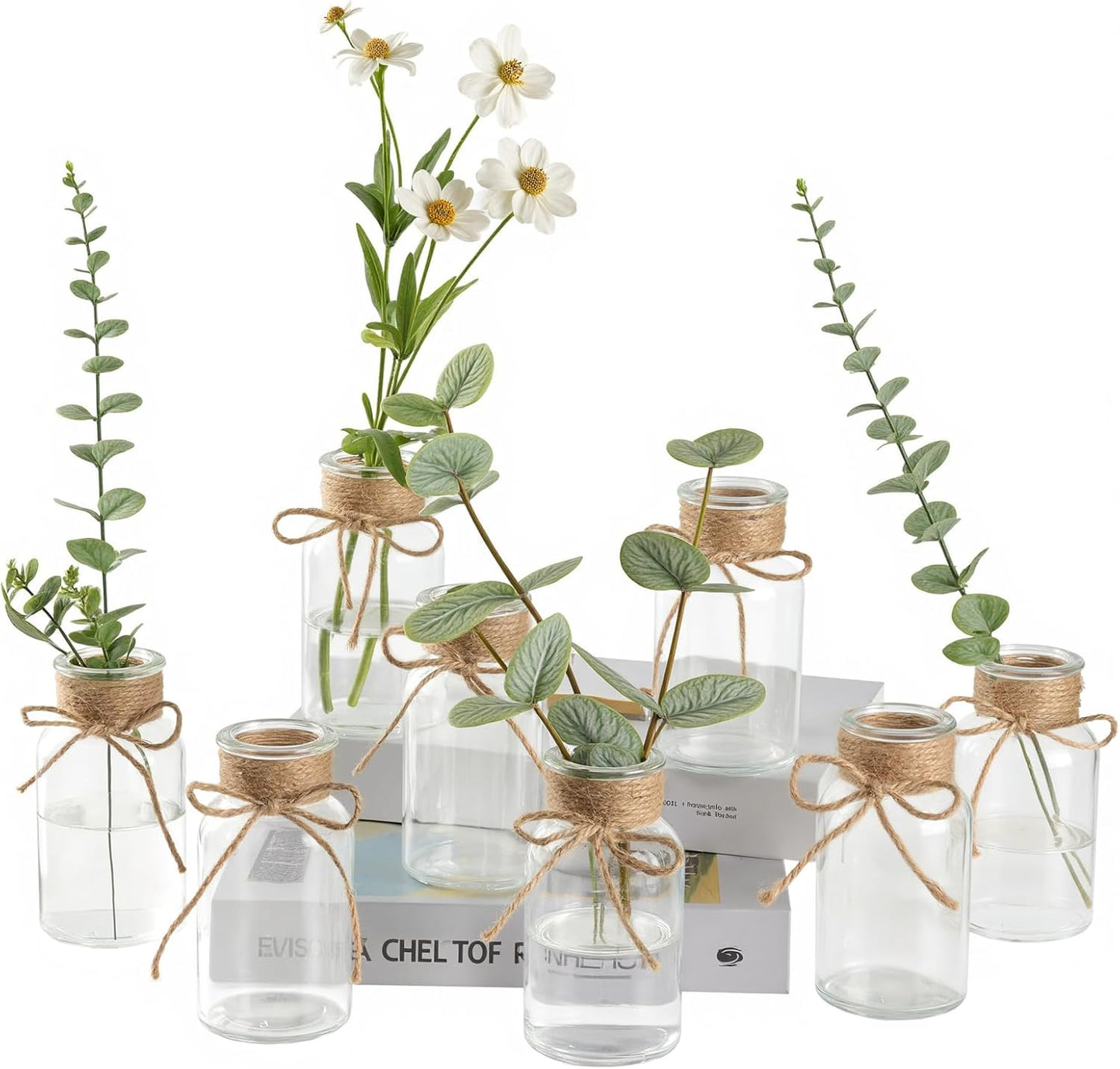 Vintage Glass Flower Vase Set of 8 Clear Vases with Hemp Rope for Farmhouse Wedding Centerpiece Cylinder Bottle for Reception Table Decoration Home Decor Floral Arrangements（Medium）