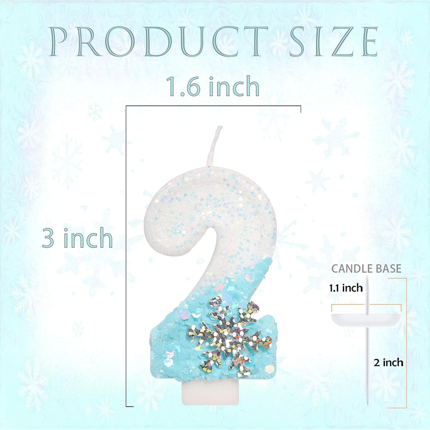 Sky Blue Snow Themed Birthday Candles, Birthday Candles for Party Supplies, 2.76 inch Number 2 Candle Cake Topper Decoration (Number 2)
