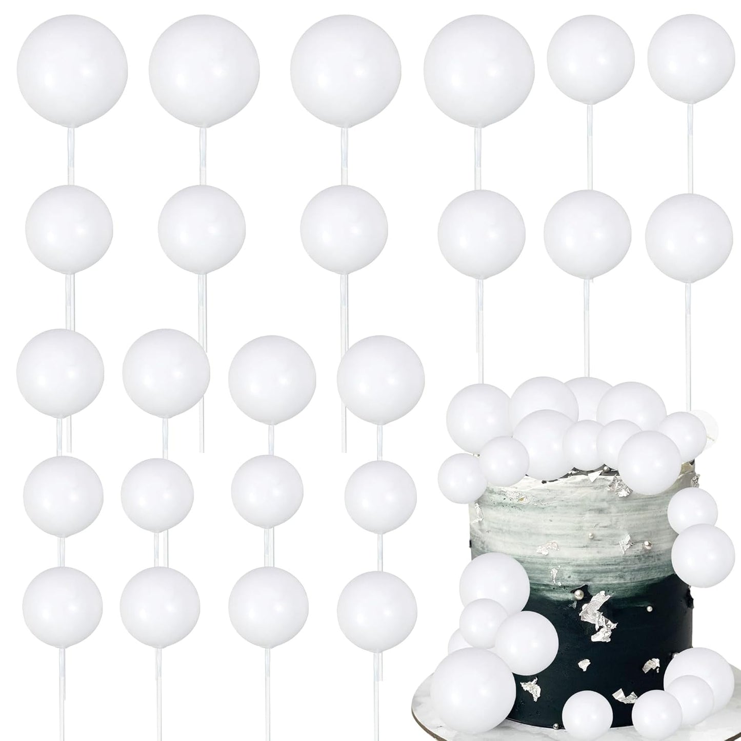 Gyufise 30Pcs Balls Cake Toppers Ball Picks Ball Shaped Cupcake Toppers Foam Balls Cake Topper Mini Balloons Cake Decorations for Wedding Baby Shower Birthday Party Supplies New White