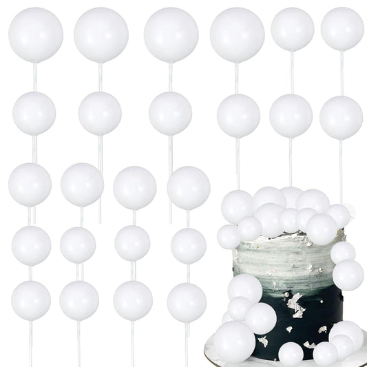 Gyufise 30Pcs Balls Cake Toppers Ball Picks Ball Shaped Cupcake Toppers Foam Balls Cake Topper Mini Balloons Cake Decorations for Wedding Baby Shower Birthday Party Supplies New White