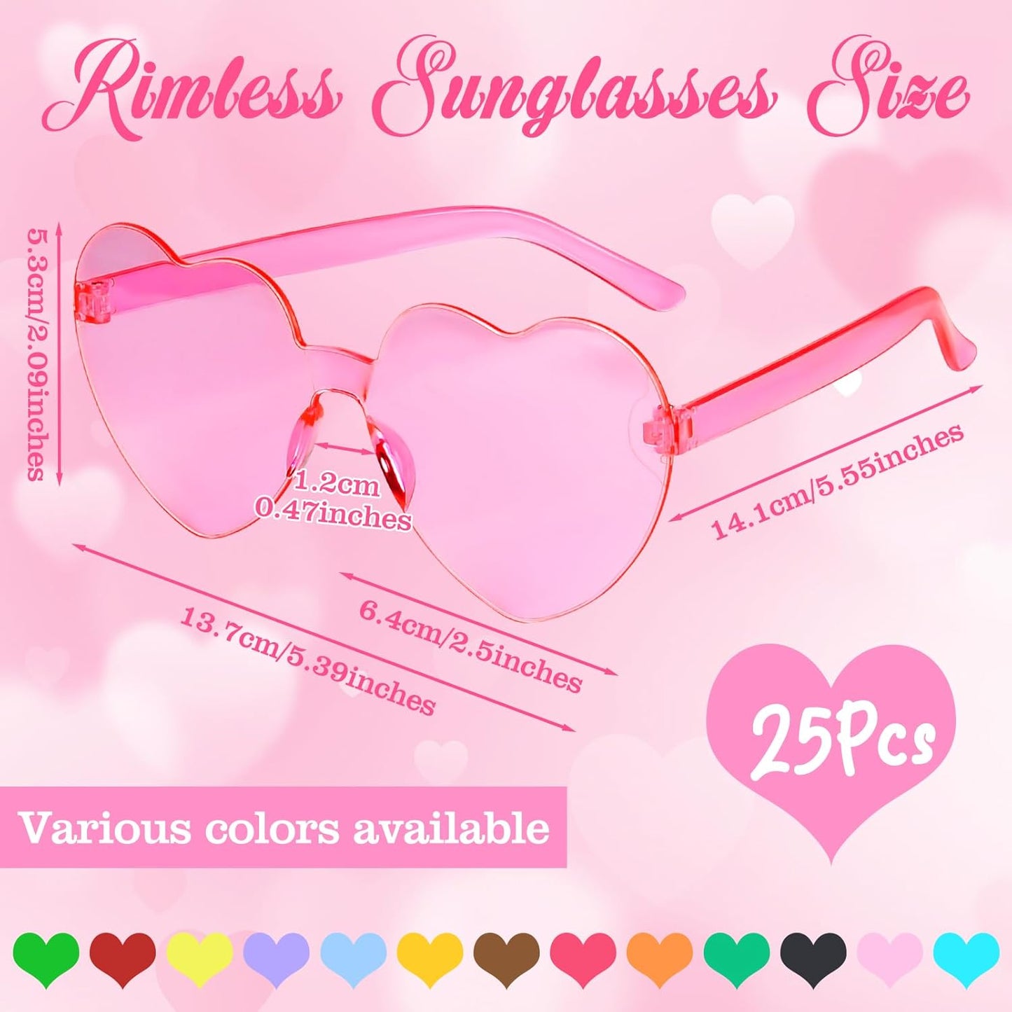 PLULON Heart Sunglasses for Women 5/12/25 Pcs, Heart Glasses Valentine Day Rimless Shaped Candy Color Fun Glasses Party Favor