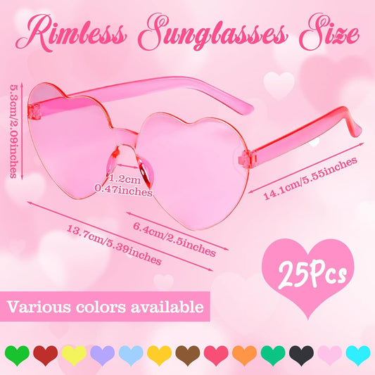 PLULON Heart Sunglasses for Women 5/12/25 Pcs, Heart Glasses Valentine Day Rimless Shaped Candy Color Fun Glasses Party Favor