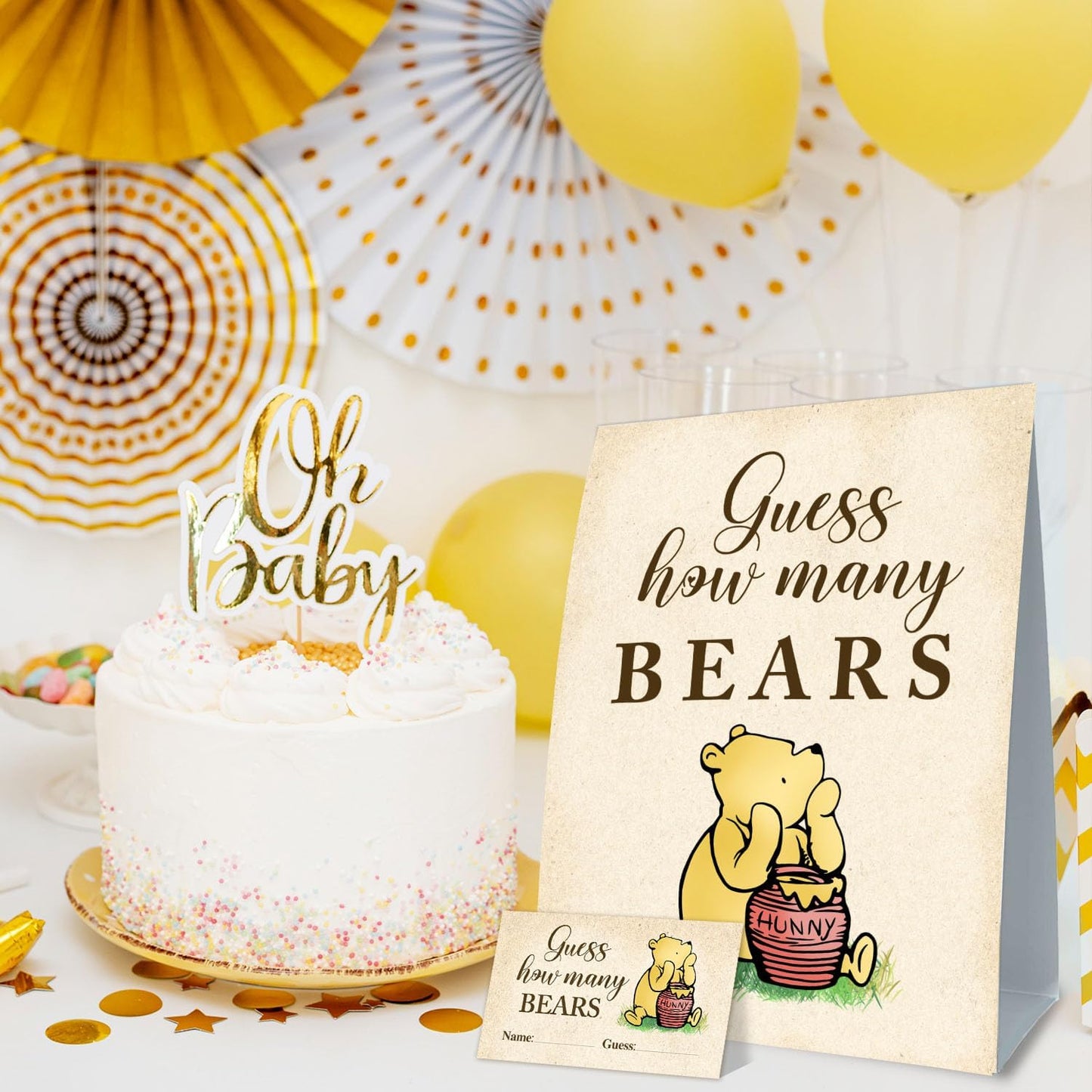 Baby Shower Decorations - Guess How Many Bears Game - Winnie the Pooh Theme - 5 x 7 x 0.2 inches - Paper Tabletop Sign