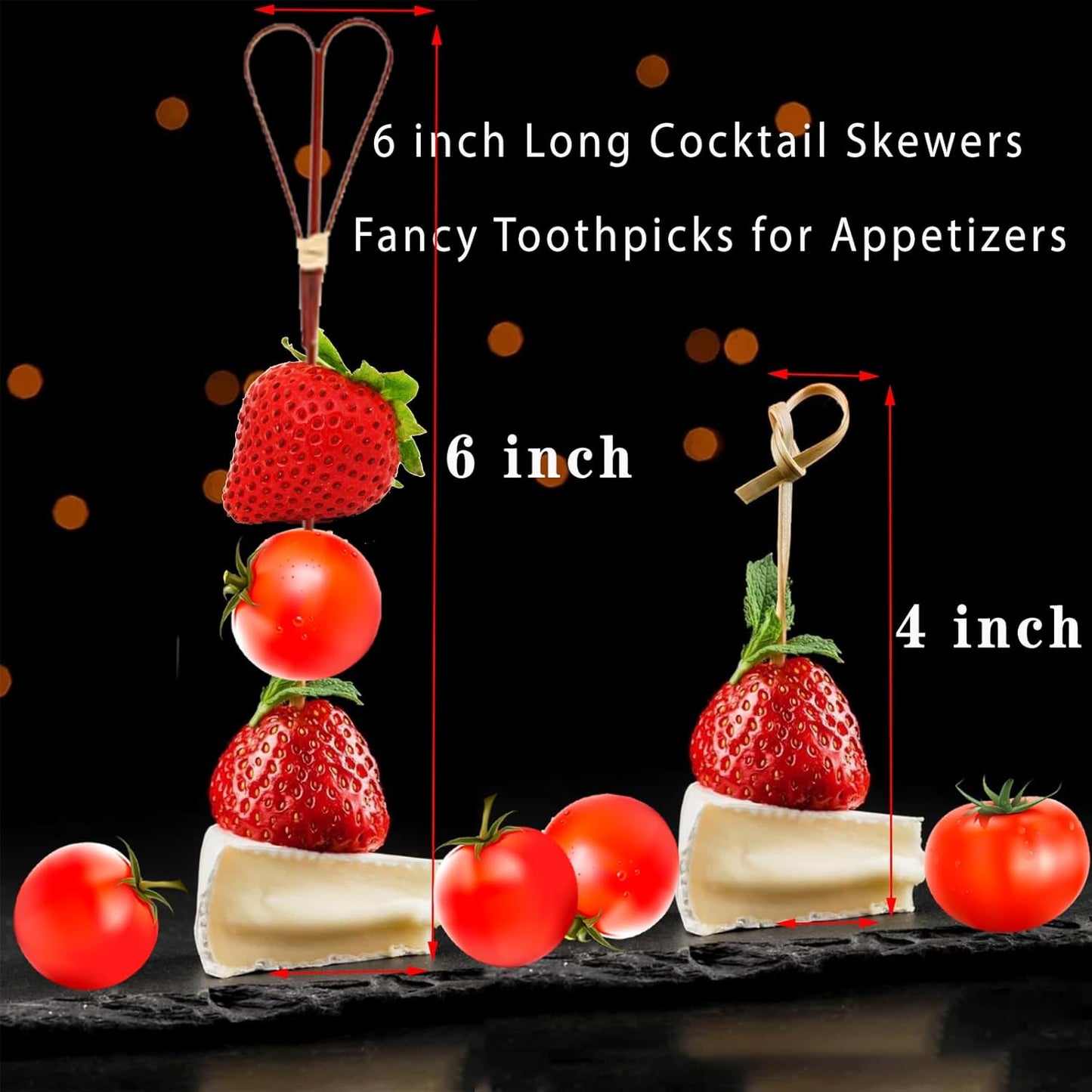 100 Pcs Bamboo Cocktail Picks, Skewers for Appetizers, Charcuterie Accessories, Heart Shaped Bamboo Sticks, Toothpicks for Appetizers Picks, Long Cocktail Toothpicks - Red, 6 Inch
