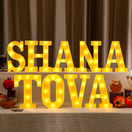 9 Pcs Shana Tova Large LED Letter Signs Rosh Hashanah Decor LED Lights Battery Powered Shana Tova Party Table Decorations for Party Rosh Hashanah Tabletop Decorations