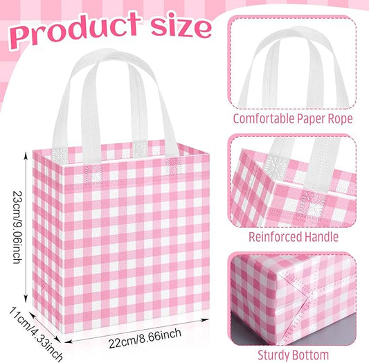Sweetude 16 Pcs Pink White Checkered Gift Bags with Handles Gingham Pink and White Party Favors Non-Woven Reusable Tote for Women Wedding Birthday Baby Shower Mother's Day Party Decorations