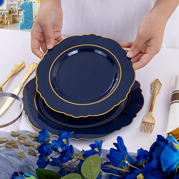 Liacere 175PCS Navy Blue Plastic Plates-Disposable Blue Gold - 25guest Baroque Plastic Dinnerware include 50Plates,25Pack Pre Rolled Napkins with Silverware 25Cups for Wedding&Party&Father's Day