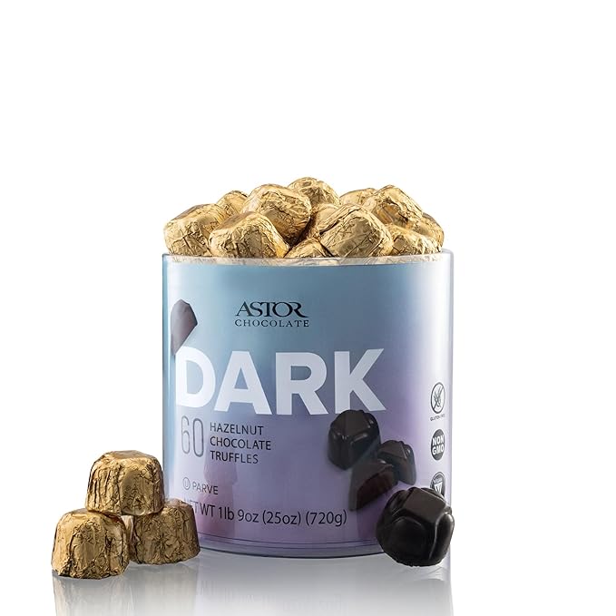 Astor Chocolate 60 Count Gourmet Vegan Certified Dark Chocolate Hazelnut Truffles Tub, Bulk Premium Candy Gift, Parve