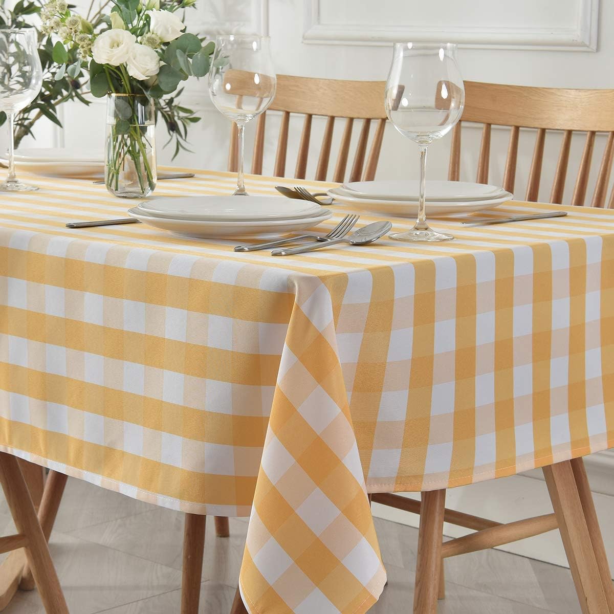 maxmill Square Checkered Tablecloth Water Resistance Antiwrinkle Spillproof Heavy Weight Gingham Table Cloth Buffalo Plaid for Buffet Banquet Parties Holiday Dinner 70 x 70 Inch Yellow and White