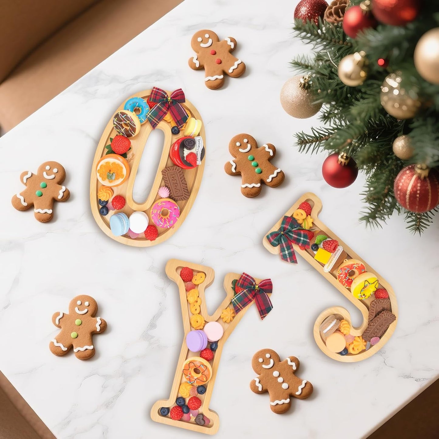 3PCS Bamboo Christmas Decorations Letters Charcuterie Board Box-(with 14 Balloons and Bow) Joy Charcuterie Letters Fillable Food Christmas Party Supplies Table Decoration Food Tray Platter
