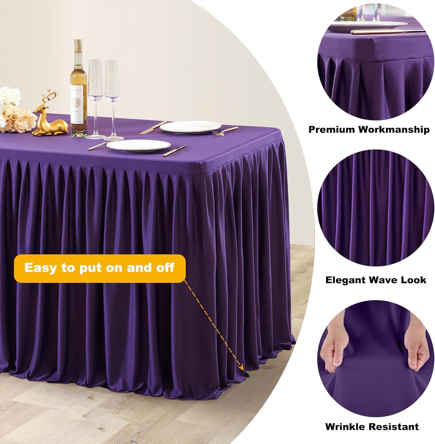 Dark Purple Polyester Table Clothes for 4 Foot Rectangle Tables, Wrinkle Free Fitted Table Cover with Pleated Ruffle Table Skirt for Birthday Party Wedding Trade Show Event Display