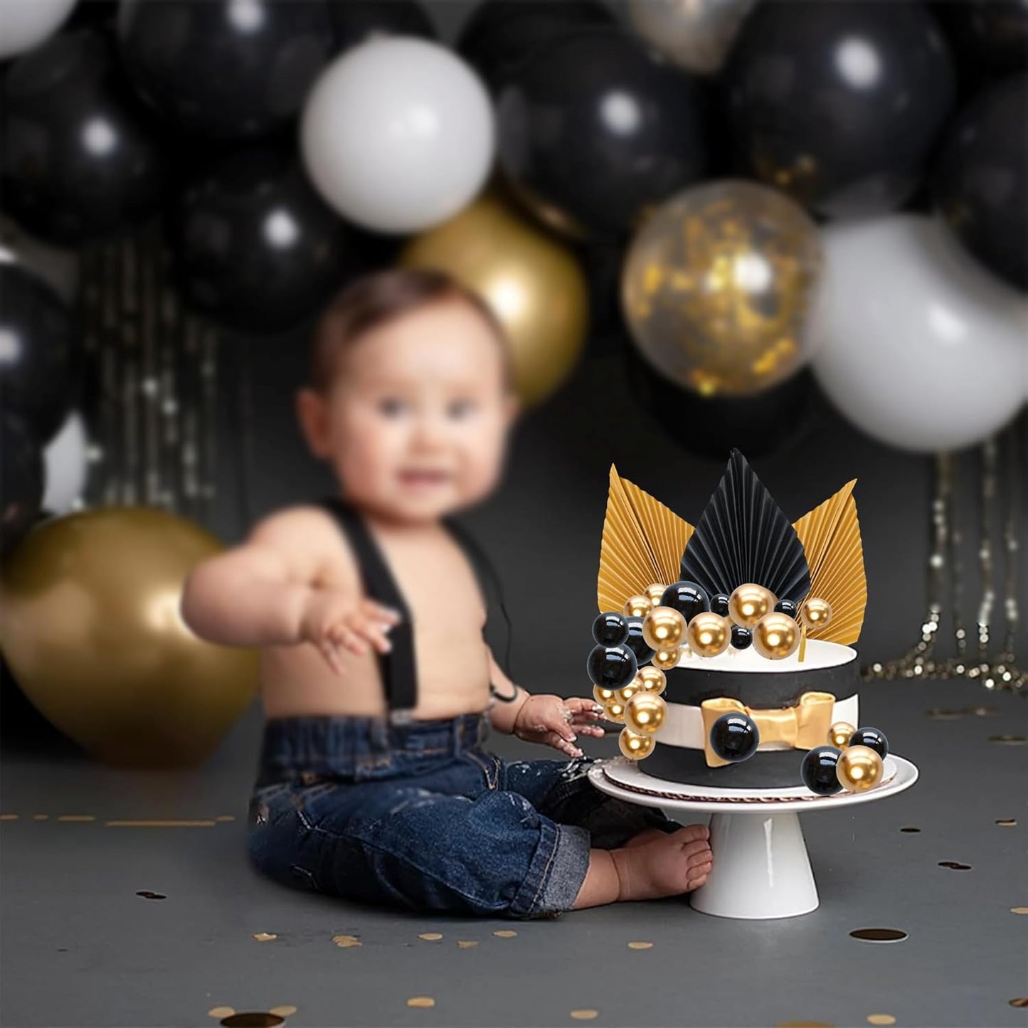 Ephlyn 28Pcs Paper Palm Fan Cake Topper Balls Cake Pick Decoration for Baby Shower Wedding Bridal Shower Birthday Party DIY Cake Decorations Supplies Black Gold