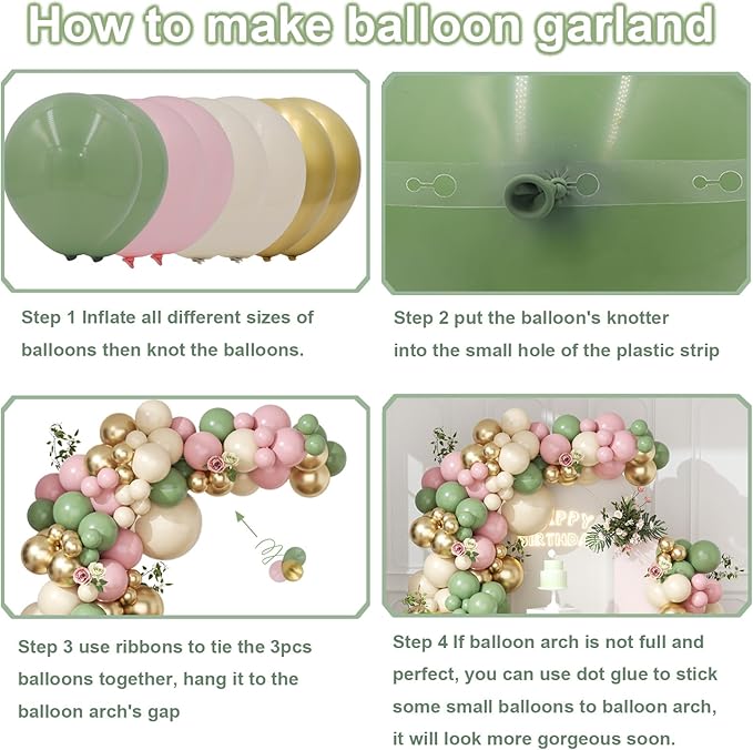Sage Green Pink Balloon Garland Arch Kit 143pcs White Sand Chrome Gold and Pastel Balloons Garland for Girls Baby in Bloom Baby Shower Mothers Day Jungle Safari Boho Birthday Party Decorations