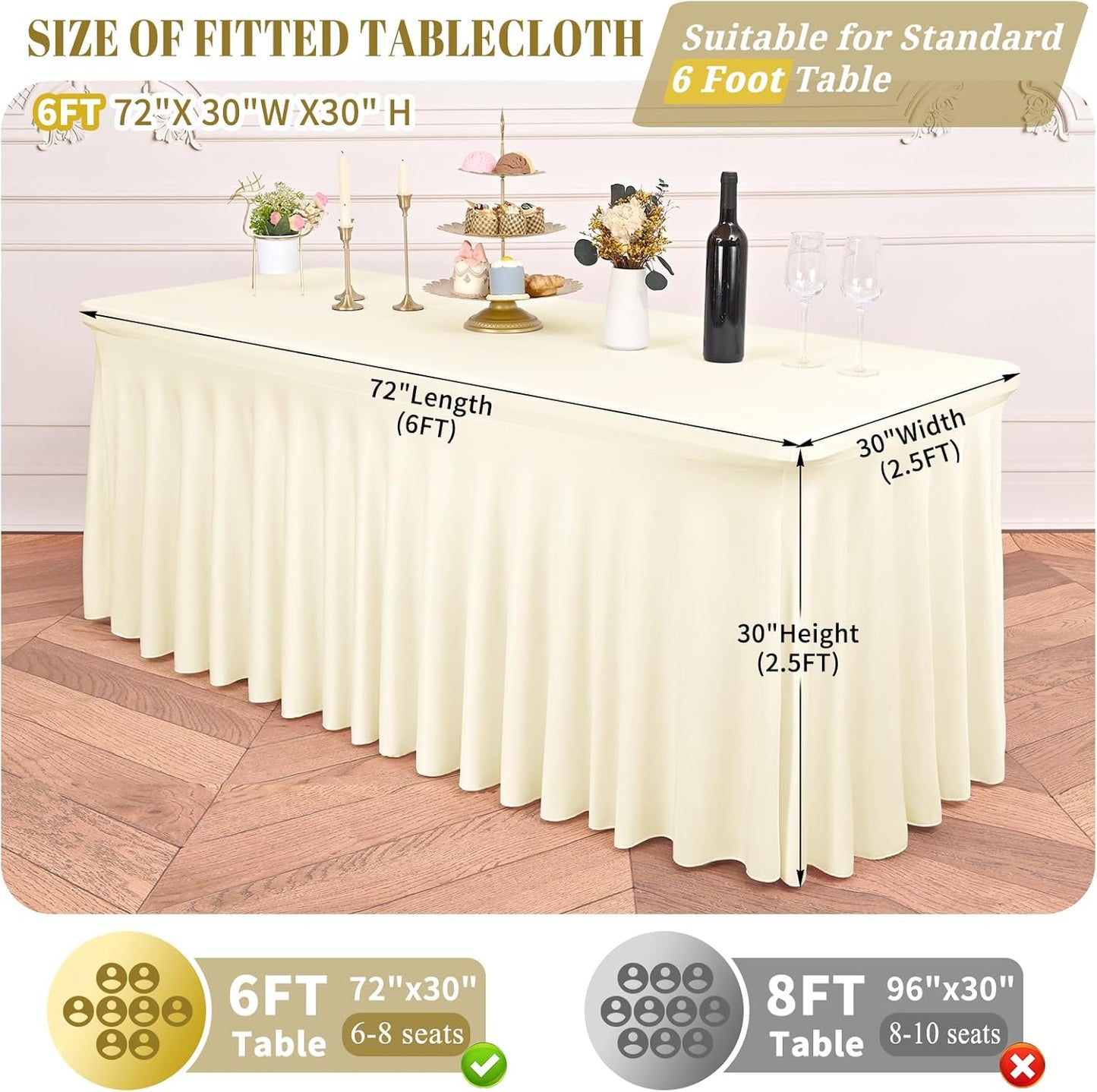 2 Packs Ivory Stretch Table Skirts for 6 Foot Rectangle Table, Washable Spandex Stretch Tablecloths with Skirt, Wrinkle Resistant Fitted Tablecover for Wedding Party Banquet