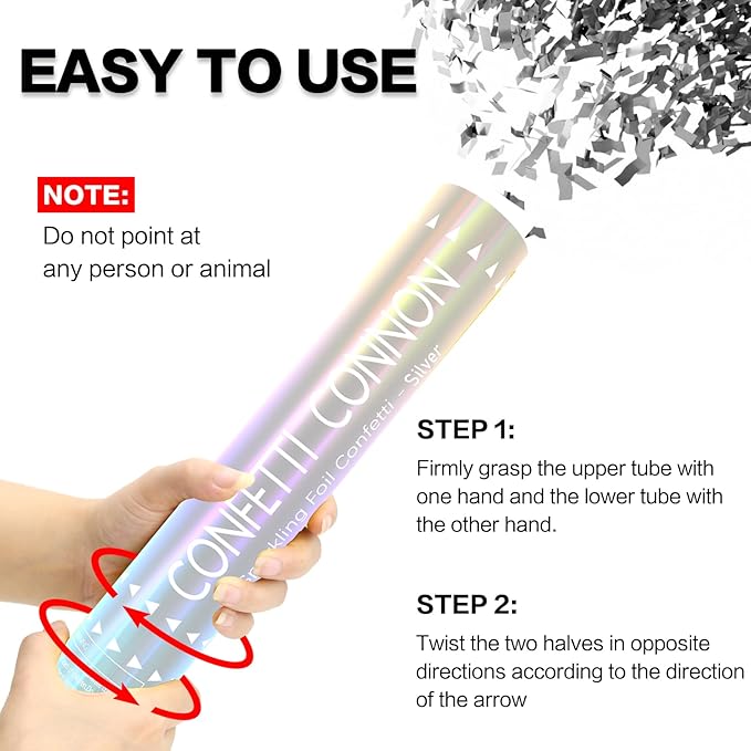 FIEKEICC 12 Pack Silver Confetti Poppers - 12 Inch Confetti Cannon for Weddings, Graduations, Birthdays & New Year's Eve - Metallic Silver Party Poppers Shooters, Bulk Handheld Confetti Sticks