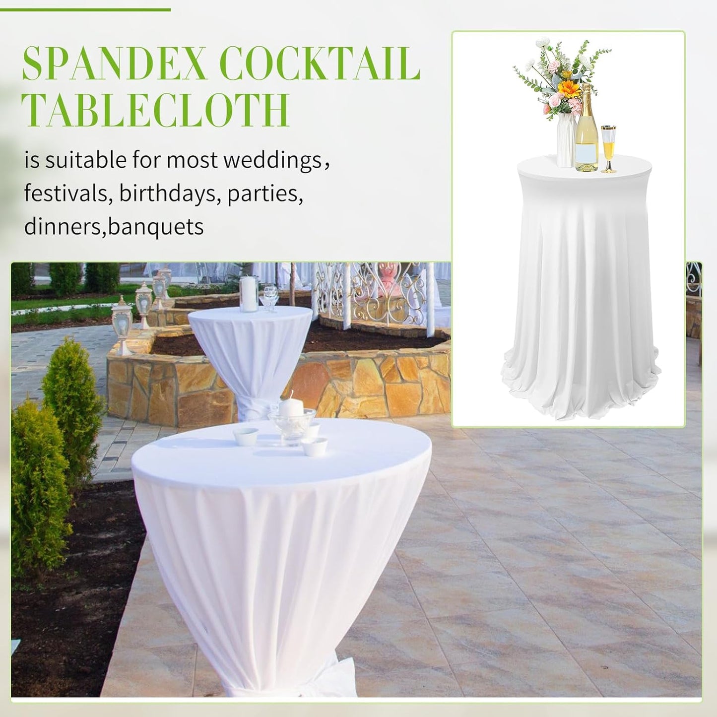 Tegeme 3 Packs 32 x 43 Inch Round Spandex Cocktail Tablecloths with Skirt Cocktail Round Table Cover Spandex Stretch Tablecloth for Fitted High Top Table Bar Wedding Party Banquet (White)