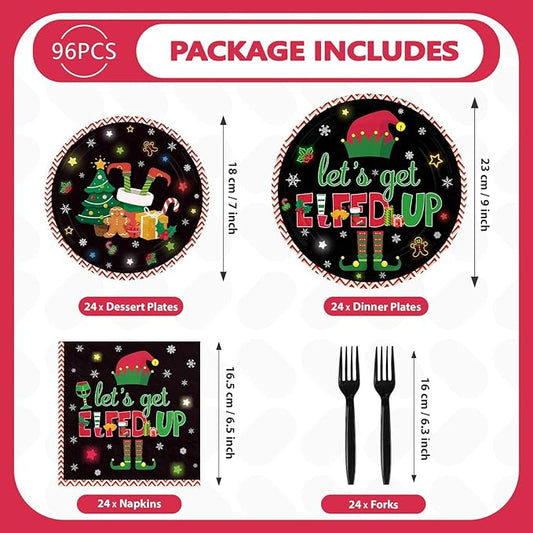 Greencian 96Pcs Winter Let's Get Elfed Up Party Decorations Santa Elf Paper Plates and Napkins Merry Christmas Disposable Tableware for Xmas Elf Party Decorations Supplies Serve 24