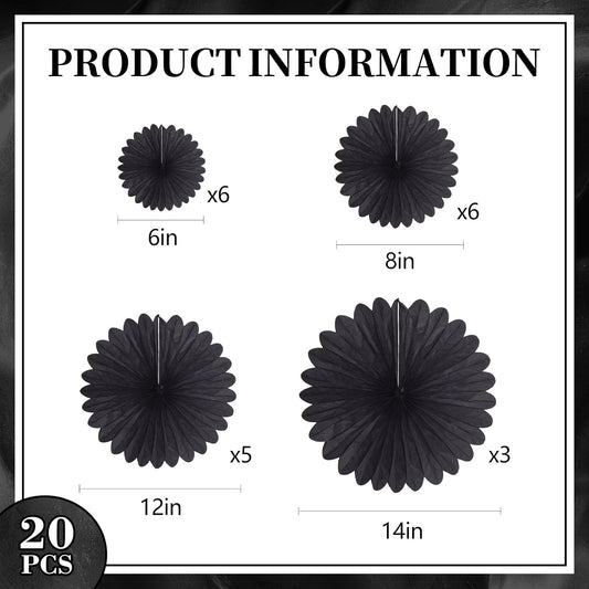 20 Pcs Black Hanging Paper Fan, Hanging Honeycomb Round Paper Fans for Weddings, Birthdays, Easter, Baby Showers, Classroom, Events Ceiling Party Supplies Decorations