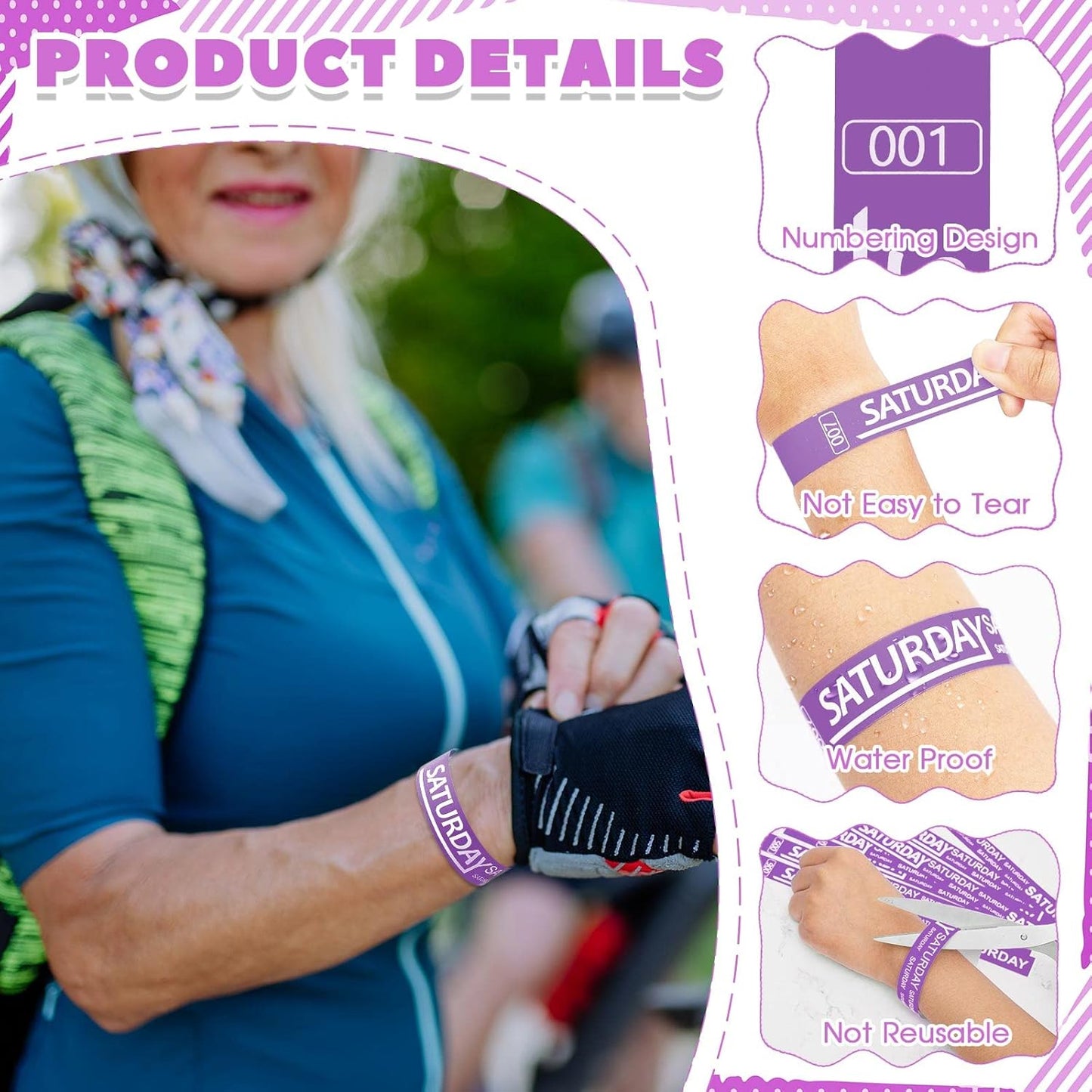 Henoyso 600 Pcs Saturday Paper Wristbands Event Admission Paper Bracelets Numbered Waterproof Party Armbands for Events Day of The Week(Purple)