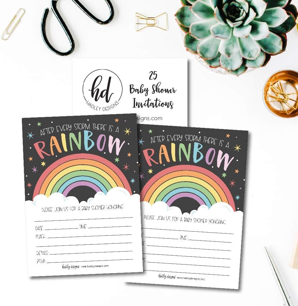 Hadley Designs 25 Rainbow Baby Shower Invitations for boy or girl, Gender Neutral Reveal Themed, Cute Printed Fill or Write In Blank Printable Card, After Every Storm Coed Twin Party Paper Supplies