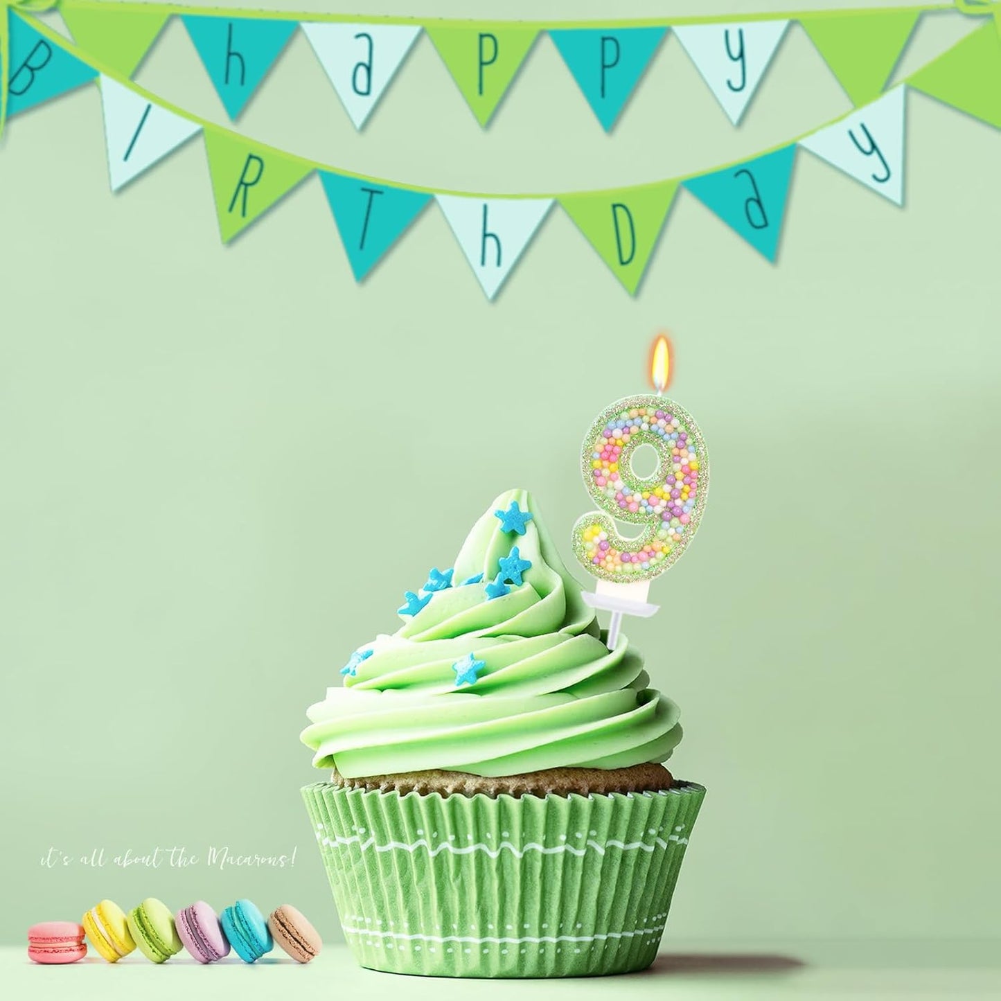 Birthday Candles - Number 9 Candle, Colorful Macaron Candles for Boys/Girls, Green Cake Decorations, Dinosaur Themed Party Supplies