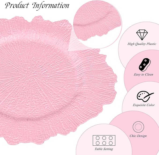 24 Pack Pink Charger Plates Bulk, 13" Plastic Reef Chargers for Dinner Plates, Round Charger Plate with Floral Reef Design for Dinner Wedding Party Table Setting Decoration