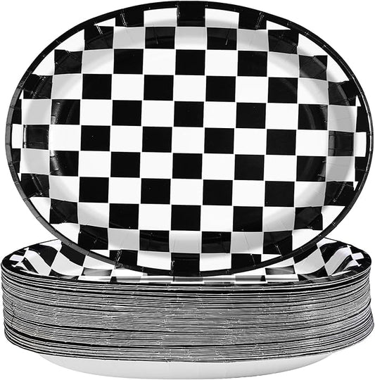 Grencian 50Pcs Black & White Gingham Oval Paper Plates Checkered Party Plates 10" X 12" Disposable 400GSM Race Car Dessert Dinnerware for Racing Car Party Supplies Birthday Baby Shower Decorations